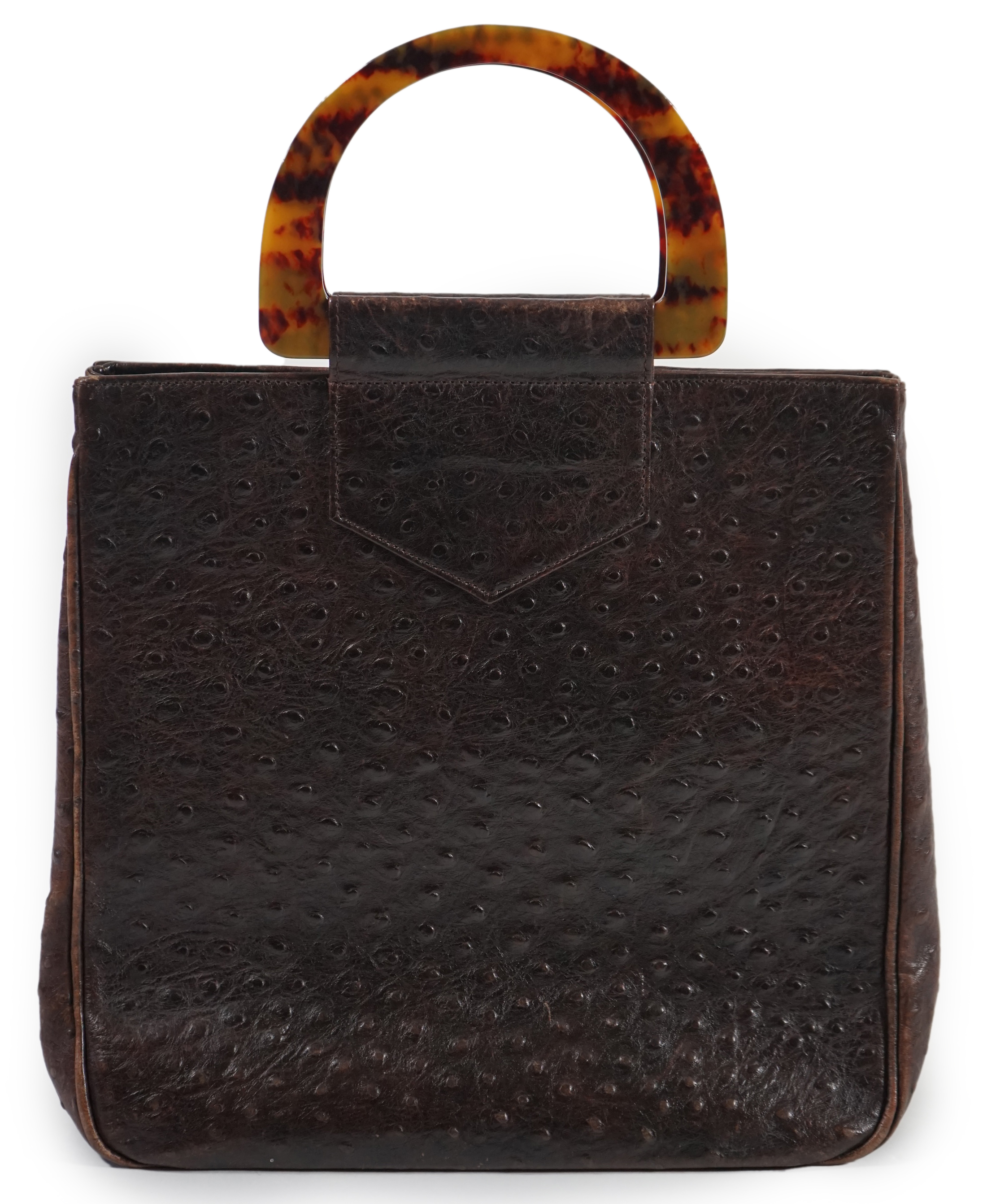 A brown Yves Saint Laurent handbag with faux tortoiseshell handles, ostrich leather with interior zip pocket